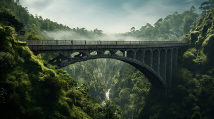 A bridge spanning a deep ravine, connecting two valleys of lush, green forests - obrazy, fototapety, plakaty