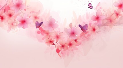  pink flowers and butterflies on a light pink background with space for text or image with a place for your own text or image with a butterfly.  generative ai - obrazy, fototapety, plakaty
