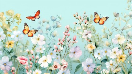  a painting of a field of flowers with butterflies flying over them and a blue sky background with a few white, pink, and yellow flowers.  generative ai - obrazy, fototapety, plakaty