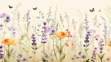  a painting of a field of flowers with butterflies flying over it and a white wall in the background with purple and orange flowers and lavender flowers. generative ai