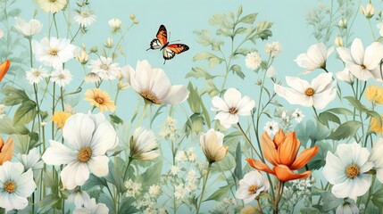 Obraz na płótnie Canvas a painting of a butterfly flying over a field of white and orange flowers with green leaves on a blue background with a sky blue background. generative ai