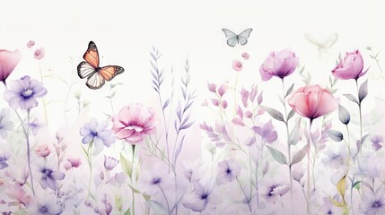 Obraz na płótnie Canvas a painting of a butterfly flying over a field of flowers and lavenders with a white background with a butterfly flying over the flowers and lavender colored flowers. generative ai