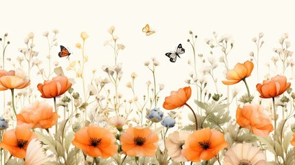  a painting of a field of flowers with a butterfly flying over it and a white background with a light blue border and a light orange and white border.  generative ai