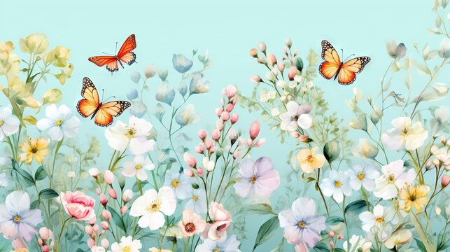  a painting of a field of flowers with butterflies flying over them and a blue sky background with a few white, pink, and yellow flowers.  generative ai