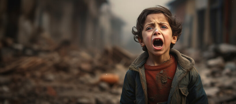 Poignant Moment: Tearful Palestinian Child Conveys Overwhelming Despair Amid the Ruins of Bombed-Out Homes