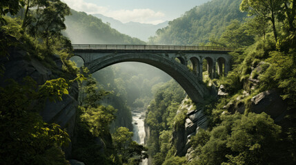 A bridge spanning a deep ravine, connecting two valleys of lush, green forests