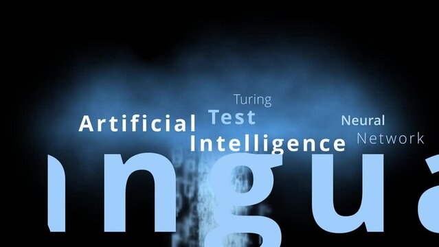 Artificial Intelligence tag cloud and word cloud with articifial intelligence terms like neural network, turing test, machine learning, natural language processing or algorithms digital transformation