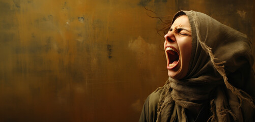 Capturing Raw Emotion: Palestinian Woman's Agonizing Scream Against a Dark Backdrop, Expressing Hopelessness.