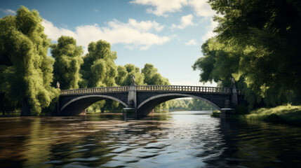 A bridge spanning a deep ravine, connecting two valleys of lush, green forests