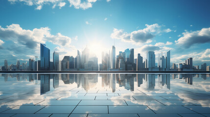 A bright morning sky reveals a cityscape of tall glass buildings, reflective of the sun's rays  - obrazy, fototapety, plakaty