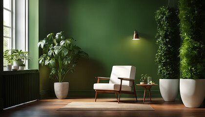 green wall with a white chair and a plant