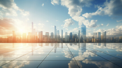 A bright morning sky reveals a cityscape of tall glass buildings, reflective of the sun's rays 