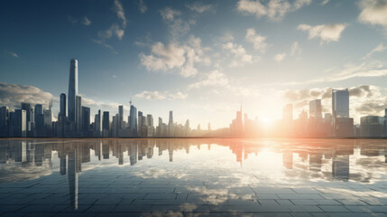 A bright morning sky reveals a cityscape of tall glass buildings, reflective of the sun's rays 