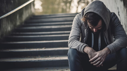 Fototapeta premium person sitting on stairs looking depressed