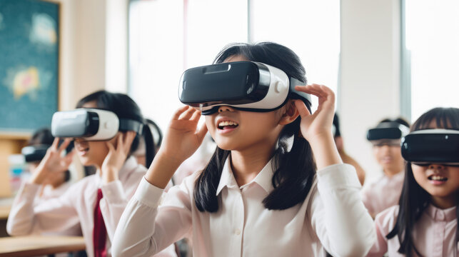 Students in an Asian smart classroom participating in virtual field trips through VR headsets
