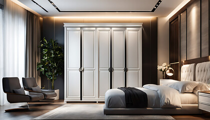 Modern bedroom interior design features a white wooden wardrobe, modern bedroom wardrobe with sliding doors. - obrazy, fototapety, plakaty