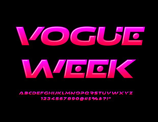 Vector glossy sign Vogue Week. Pink futuristic Font. Trendy Alphabet Letters and Numbers