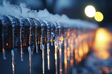  icicles are hanging from a metal railing at night time.  generative ai - obrazy, fototapety, plakaty