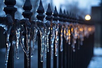  a fence with icicles hanging from it and a street light in the background.  generative ai - obrazy, fototapety, plakaty