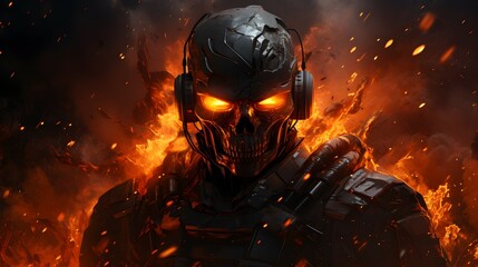 Army head mech soldier with flame explosion - obrazy, fototapety, plakaty