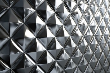 Luxurious wall made of diamond-shaped, polished silver tiles. Rendered in 3D. Generative AI