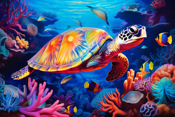 Fototapeta na wymiar a sea turtle adorned with a shell that exhibits a spectrum of rainbow colors, swim in the ocean,vibrant underwater scene.