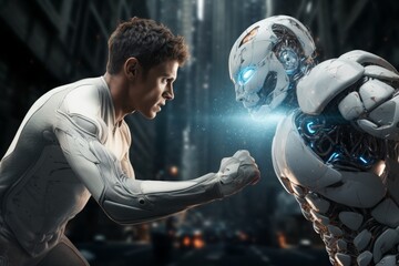 a concept of war of humans and machines: a male caucasian man fighting with a humanoid android robot powered by the artificial intelligence - obrazy, fototapety, plakaty