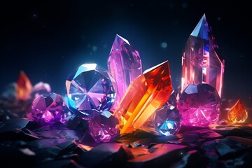 Neon colorful gradient gems. Isolated on black