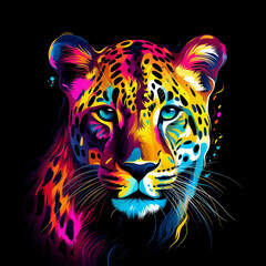 Abstract, neon, multi-colored portrait of a cheetah on a dark background. Generative AI