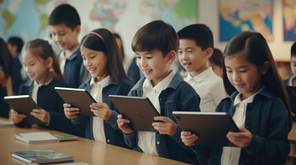 Students in an Asian smart classroom using digital tablets for interactive learning - obrazy, fototapety, plakaty