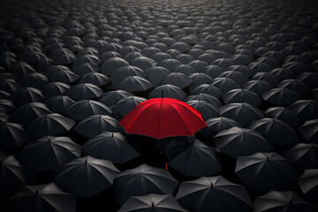 Umbrella in a crowd of people. 3D illustration.