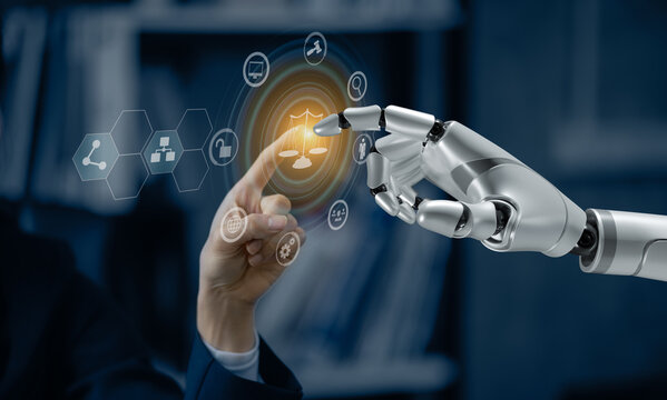 Justice and law concept. Hands of robot and human touching on law innovation network icons.