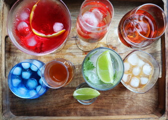 Set of wine, brandy, liqueur, grappe, cocktail, mojito, cognac, whiskey in glasses. Large variety...