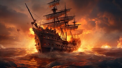 Smoke and Fire Engulf Ancient Vessel in Sea Battle
