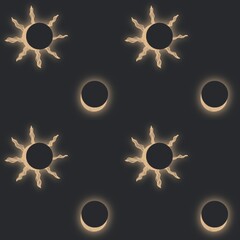 Seamless pattern with solar and lunar eclipse on black background. Mystical esoteric background for design of fabric, packaging, astrology, phone case, wrapping paper.