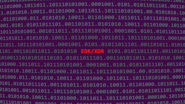 Cyber attack edr xdr. Vulnerability text in binary system ascii art style, code on editor screen. Text in English, English text