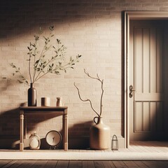 Interior background of room with brick wall, vase with branch and door