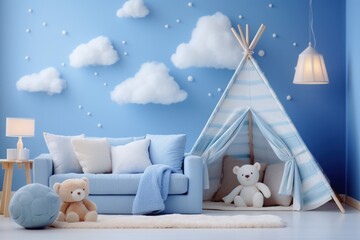 Beyond the Horizon: Fantasy Blue Kid Room with Clouds, sofa, wigwam shelter and Playful bears toys 