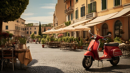 A bustling Italian piazza with al fresco diners and a vintage Vespa parked nearby.