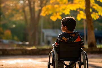 Latin American boy in a wheelchair contemplates the autumn landscape. Generated by AI