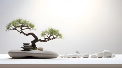 Fototapeten A serene zen garden with white pebbles and a minimalist bonsai tree. © Finn
