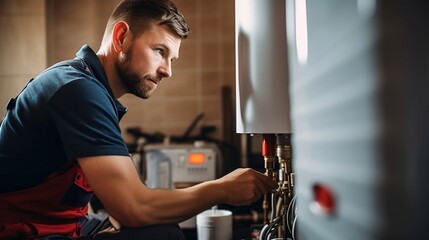 Professional young engineer doing a boiler inspection at home in the bathroom