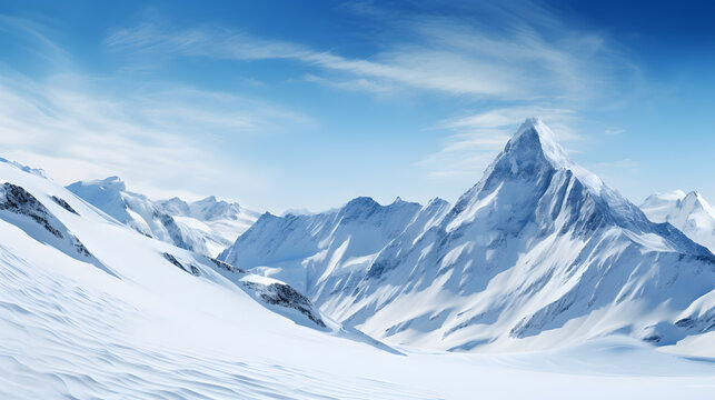 Majestic mountain range covered in snow under a clear blue sky.