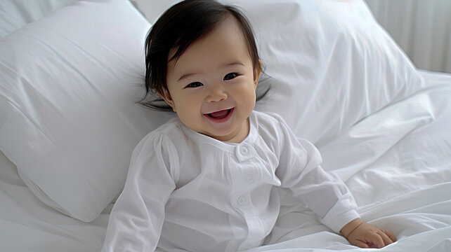 Asian baby with long black hair, smiling at the camera and sitting on a bed of white sheets.