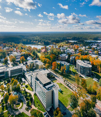 Druskininkai in autumn colours, drone picture of multi coloured trees in most beautiful city of Druskininkai in Lithuania