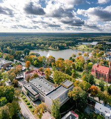 Druskininkai in autumn colours, drone picture of multi coloured trees in most beautiful city of Druskininkai in Lithuania