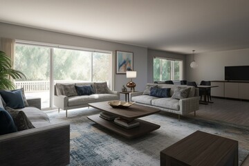 Relaxing retreat with large windows and contemporary 3D layout. Generative AI