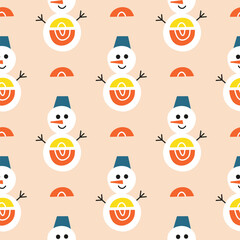 Seamless pattern with snowmans and rainbows.