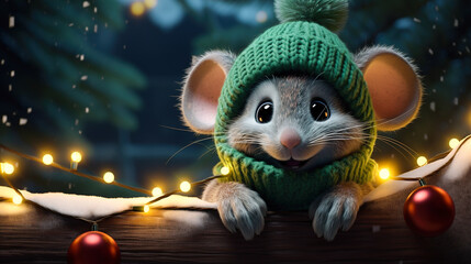 A cheerful cute mouse in a knitted hat  against the background of a winter forest with fir trees, snow and colorful lights. Postcard for the New Year holidays.