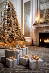 decorated Christmas tree with boxes of gifts near the fireplace, in white and gold colors